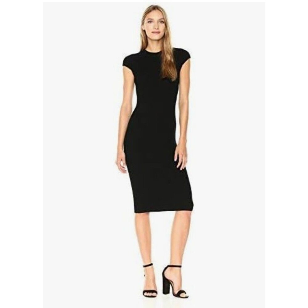Bailey44 Releve Dress Rib Knit Bodycon Midi Cap Sleeve Dress Black Sz S NEW $248